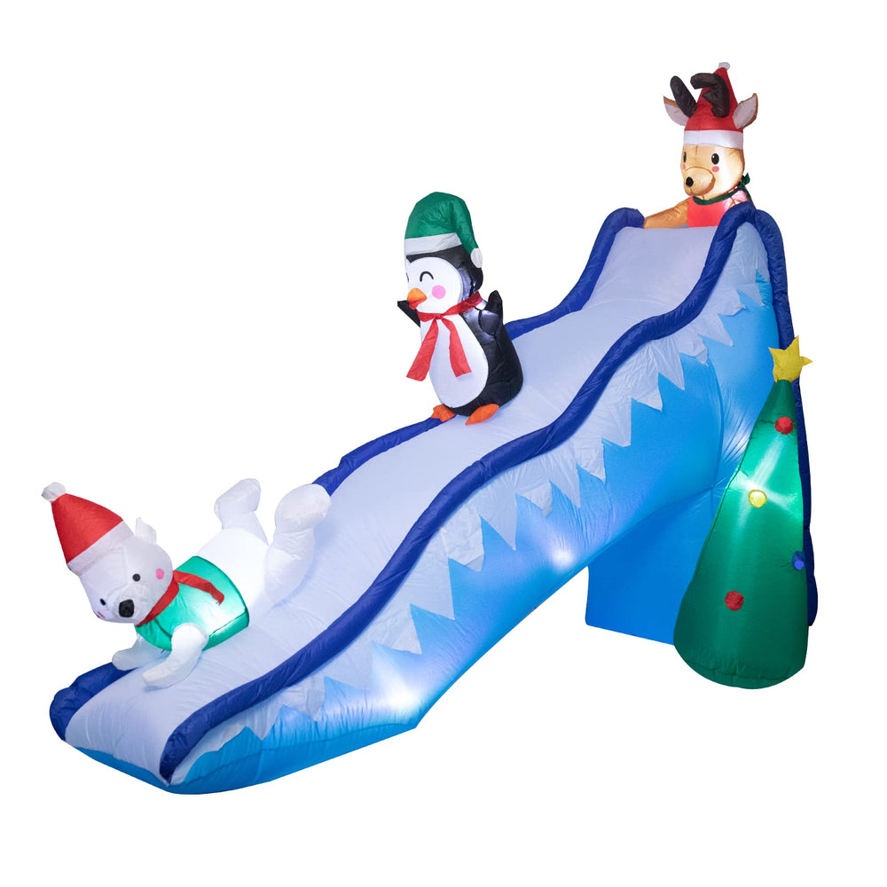Bshine yard scene with inflatable slide creating welcoming holiday curb appeal
