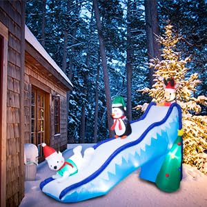 Bshine inflatable beside an adult showing 9.5 foot height and scale benefit