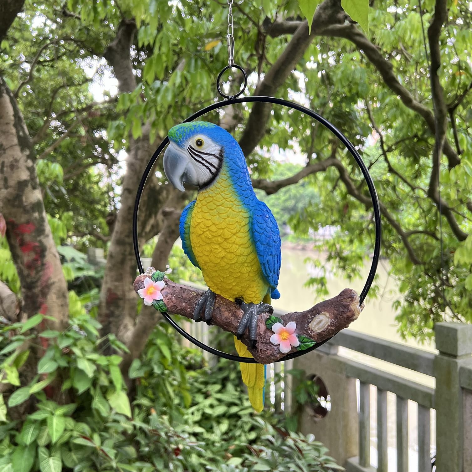 BSIRZAM front view of hanging scarlet macaw showing vibrant colors and instant curb appeal