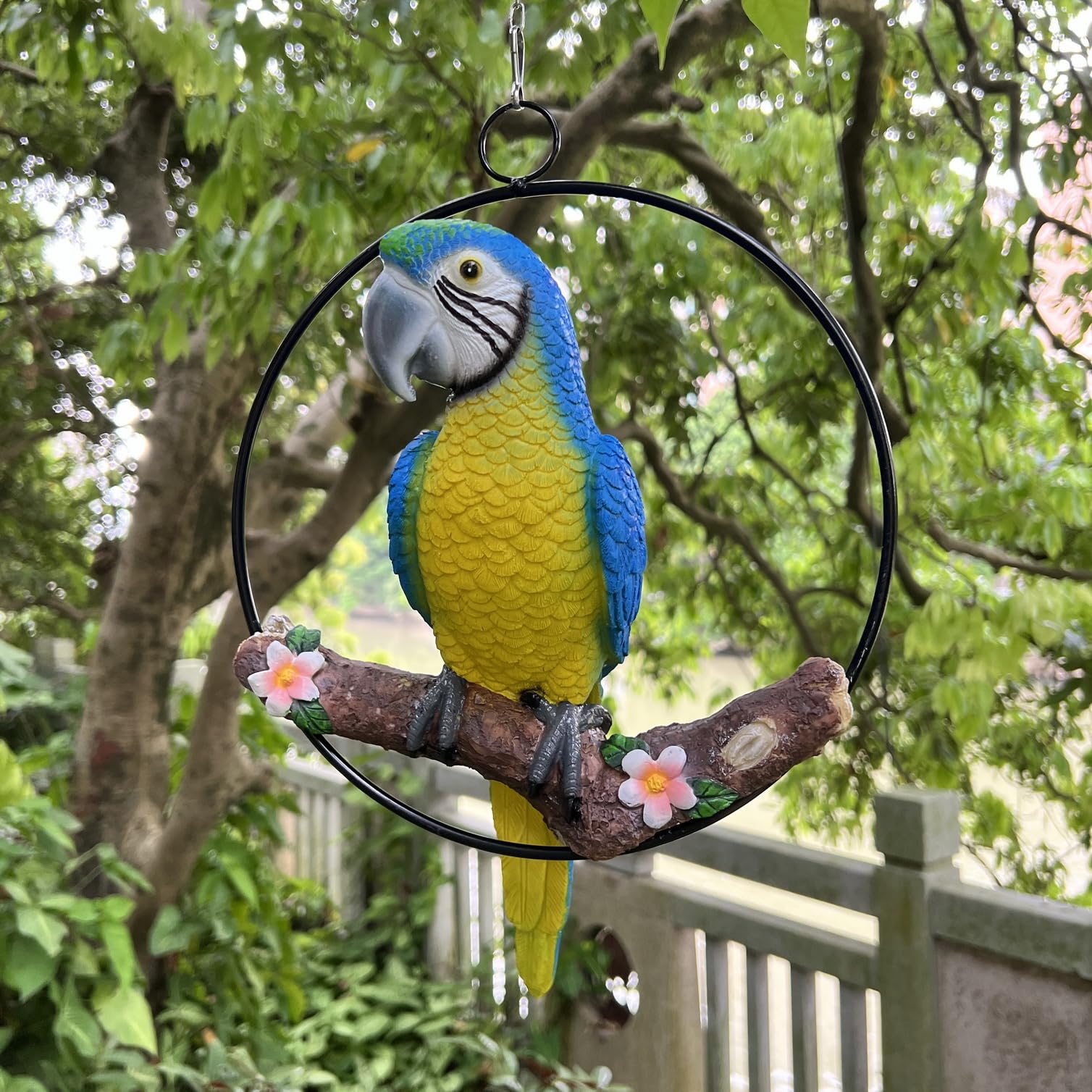 BSIRZAM parrot in garden lifestyle scene creating a festive tropical ambiance