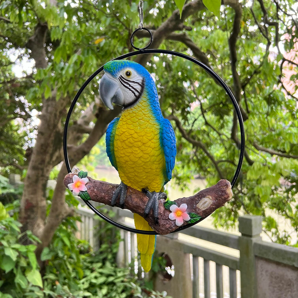 BSIRZAM parrot in garden lifestyle scene creating a festive tropical ambiance