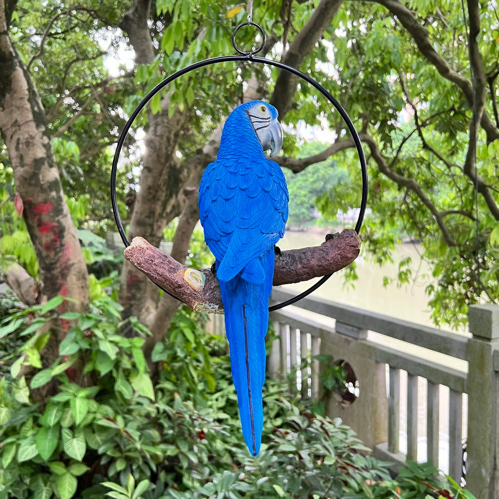 BSIRZAM parrot hanging from a patio beam adding tropical color and decor impact