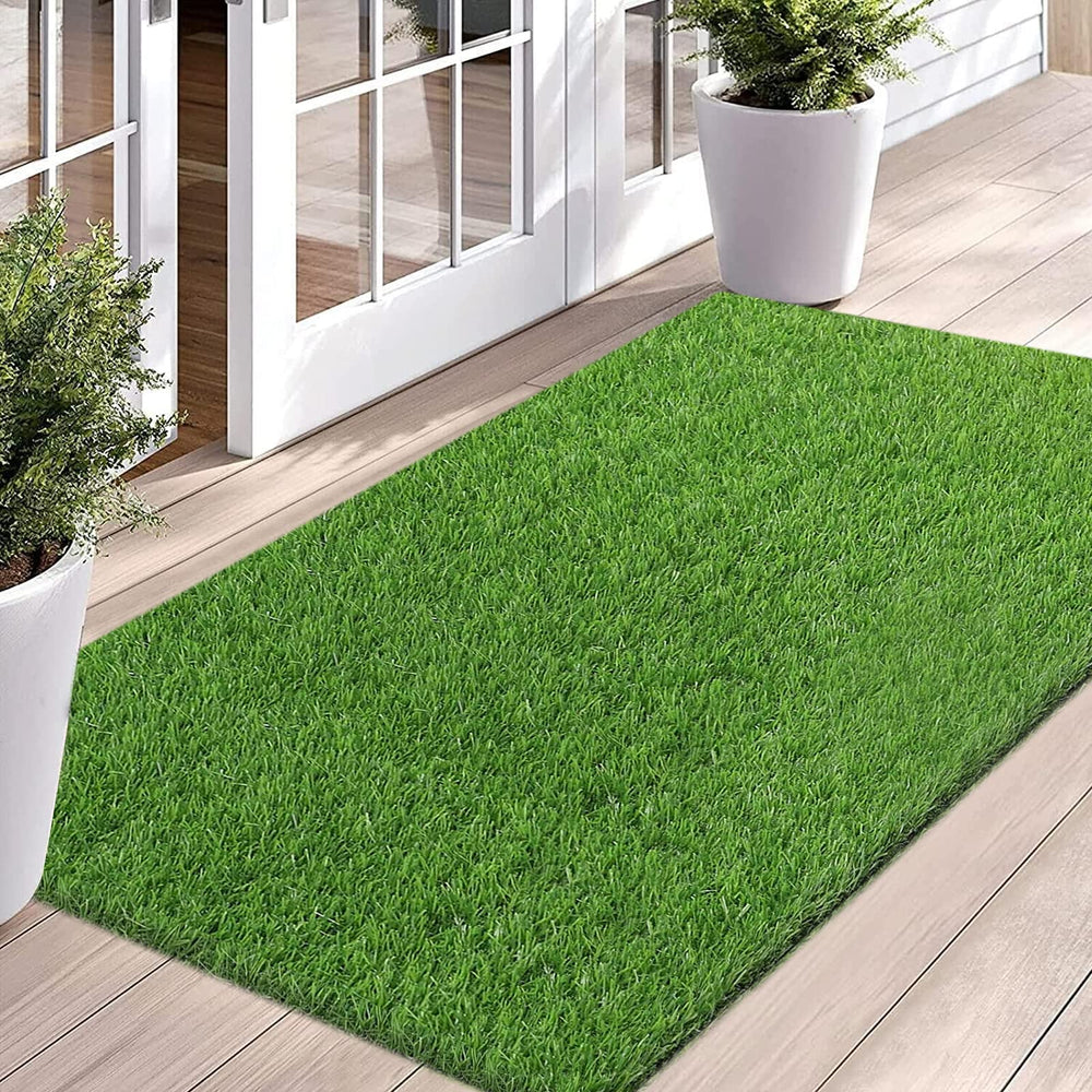 Bsmathom front view of artificial grass rug showing realistic look and immediate curb appeal