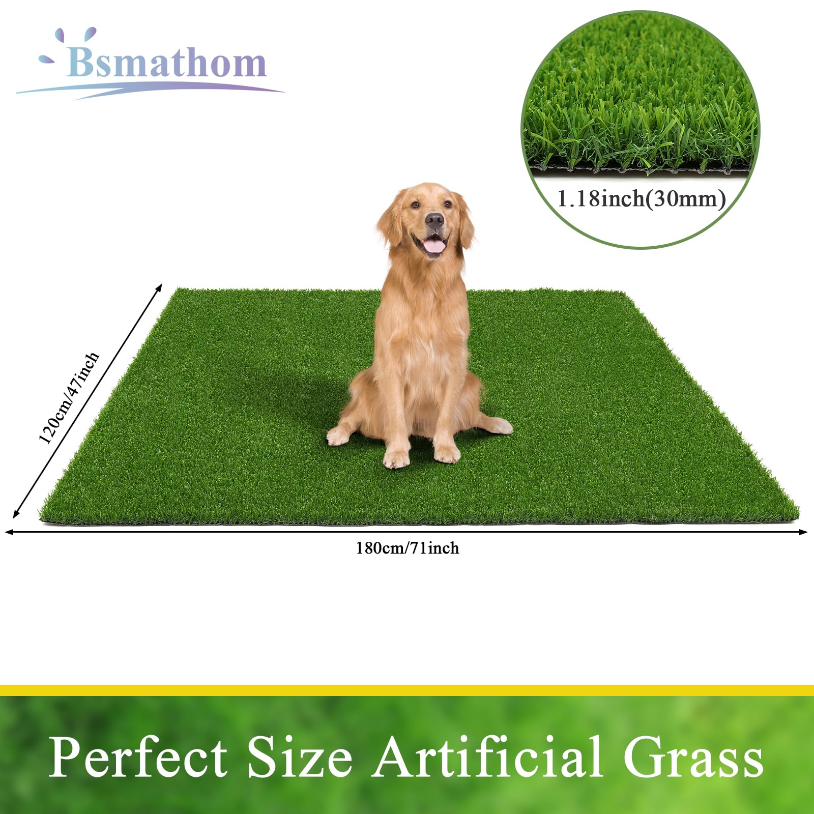 Bsmathom artificial grass rug with dog demonstrating pet-friendly easy-clean benefit