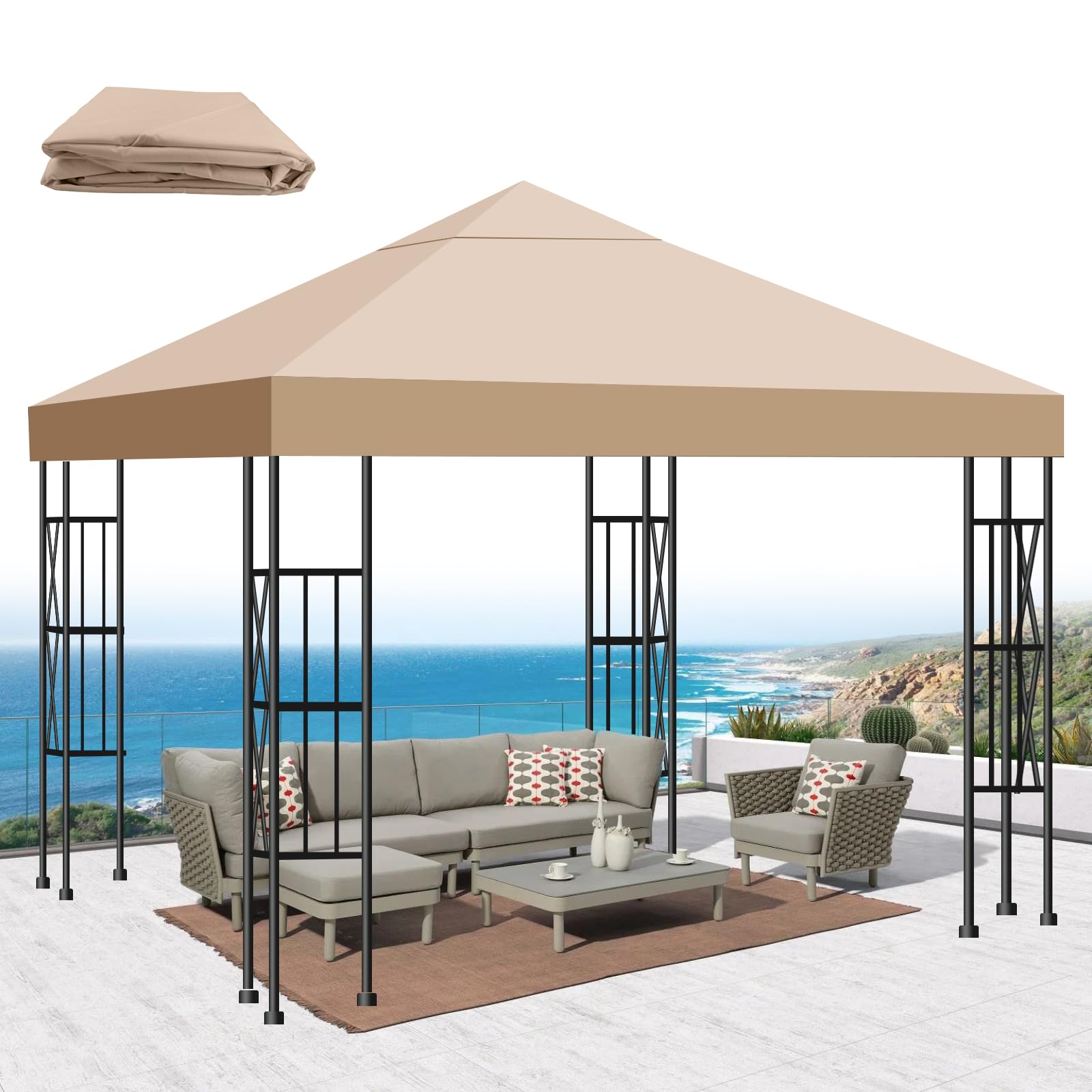 Bsteciar front view of 10x10 gazebo top showing full coverage and weather protection