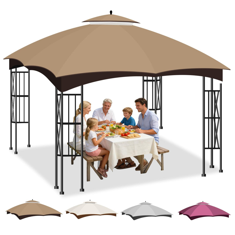 Bsteciar front view of khaki 10x12 canopy top showing full coverage benefit