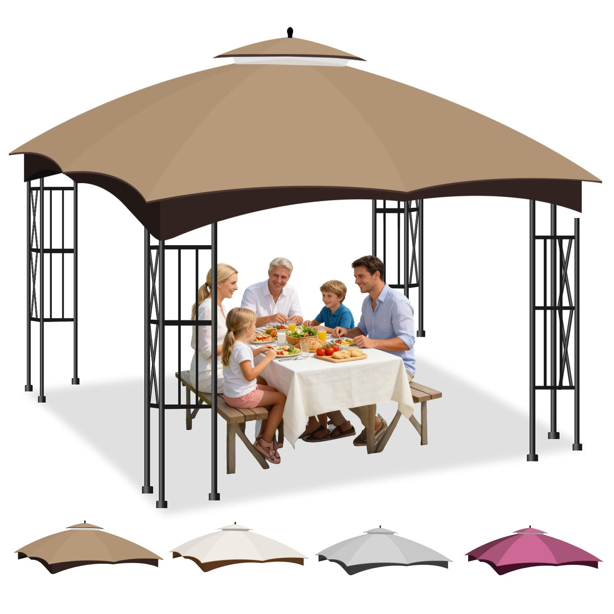 Bsteciar front view of khaki 10x12 canopy top showing full coverage benefit
