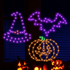 Bstge front view showing two bat silhouettes and purple glow for spooky windows