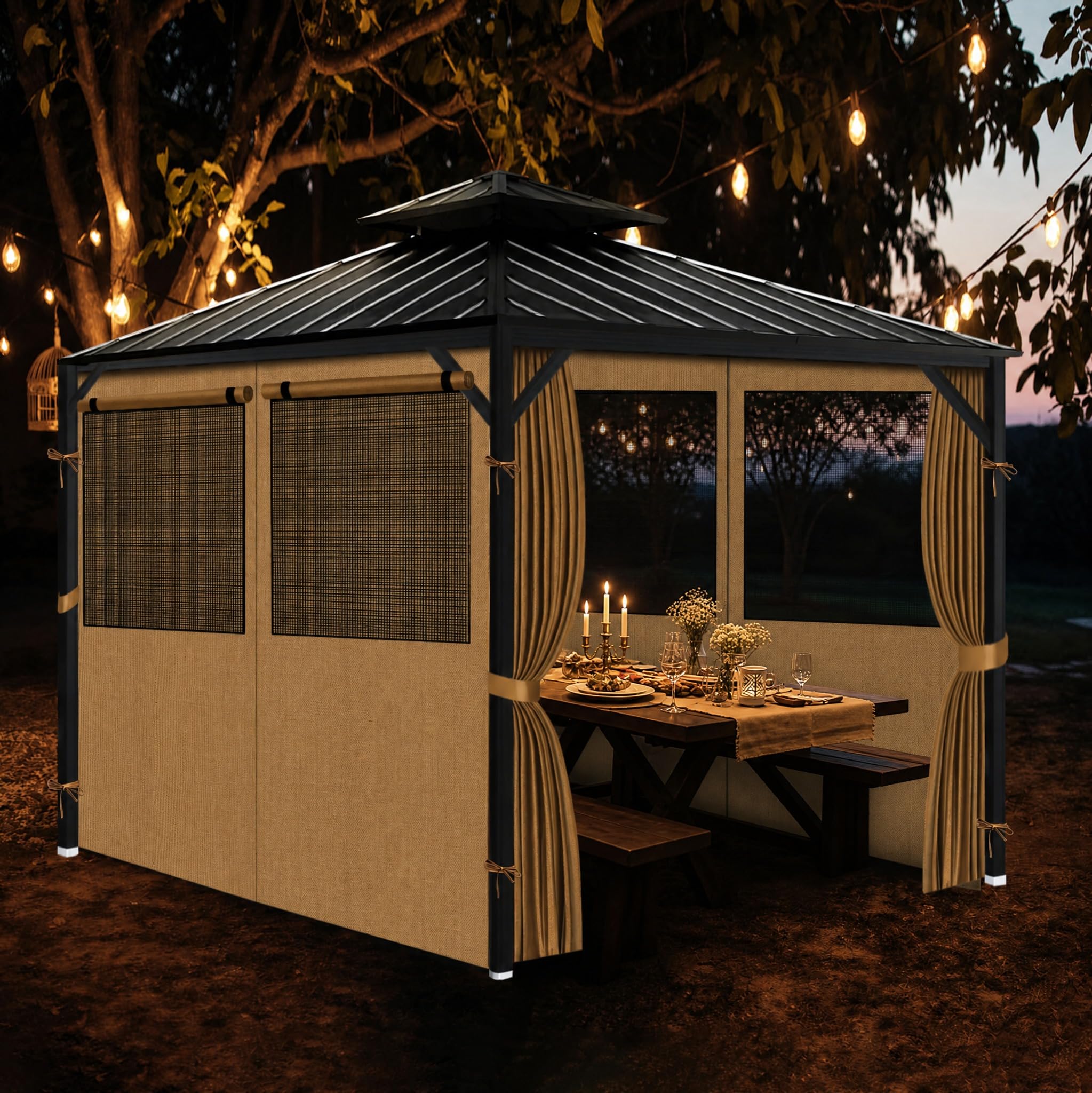 Bstge gazebo with curtains set for patio dinner showing comfortable ambiance