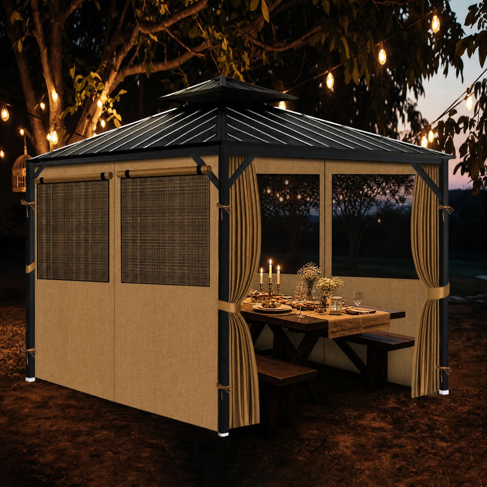 Bstge gazebo with curtains set for patio dinner showing comfortable ambiance