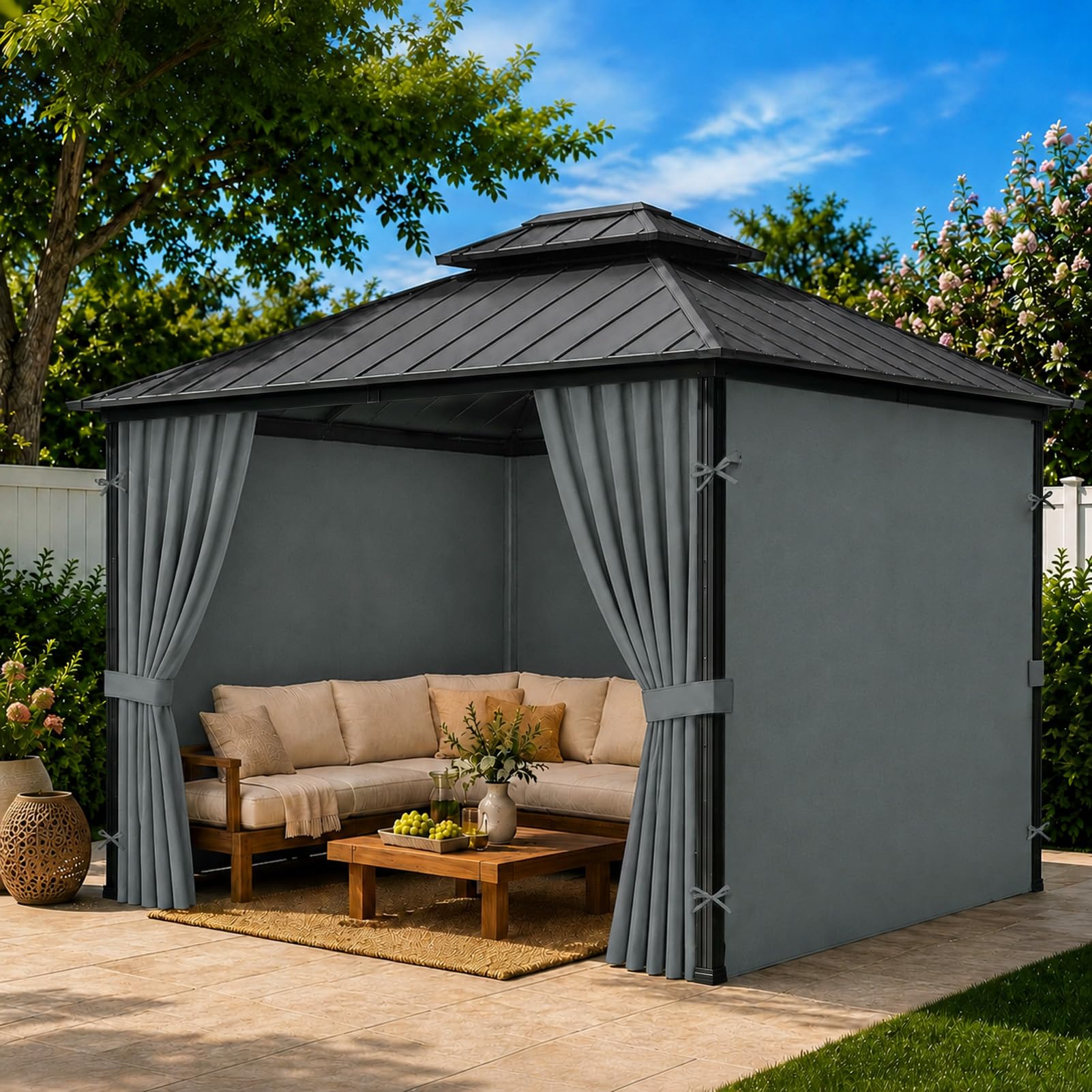 Bstge evening patio setup with curtains creating cozy sheltered atmosphere