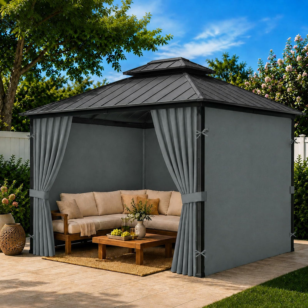 Bstge evening patio setup with curtains creating cozy sheltered atmosphere