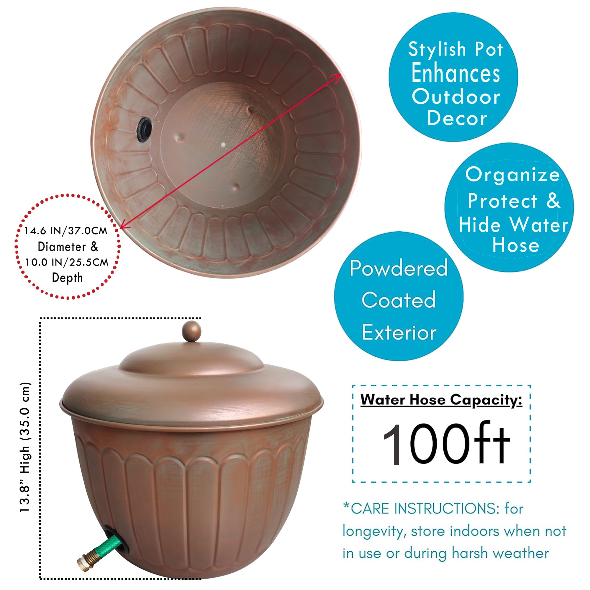 BSTGIFTS hose pot placed on patio showing decorative integration with outdoor décor