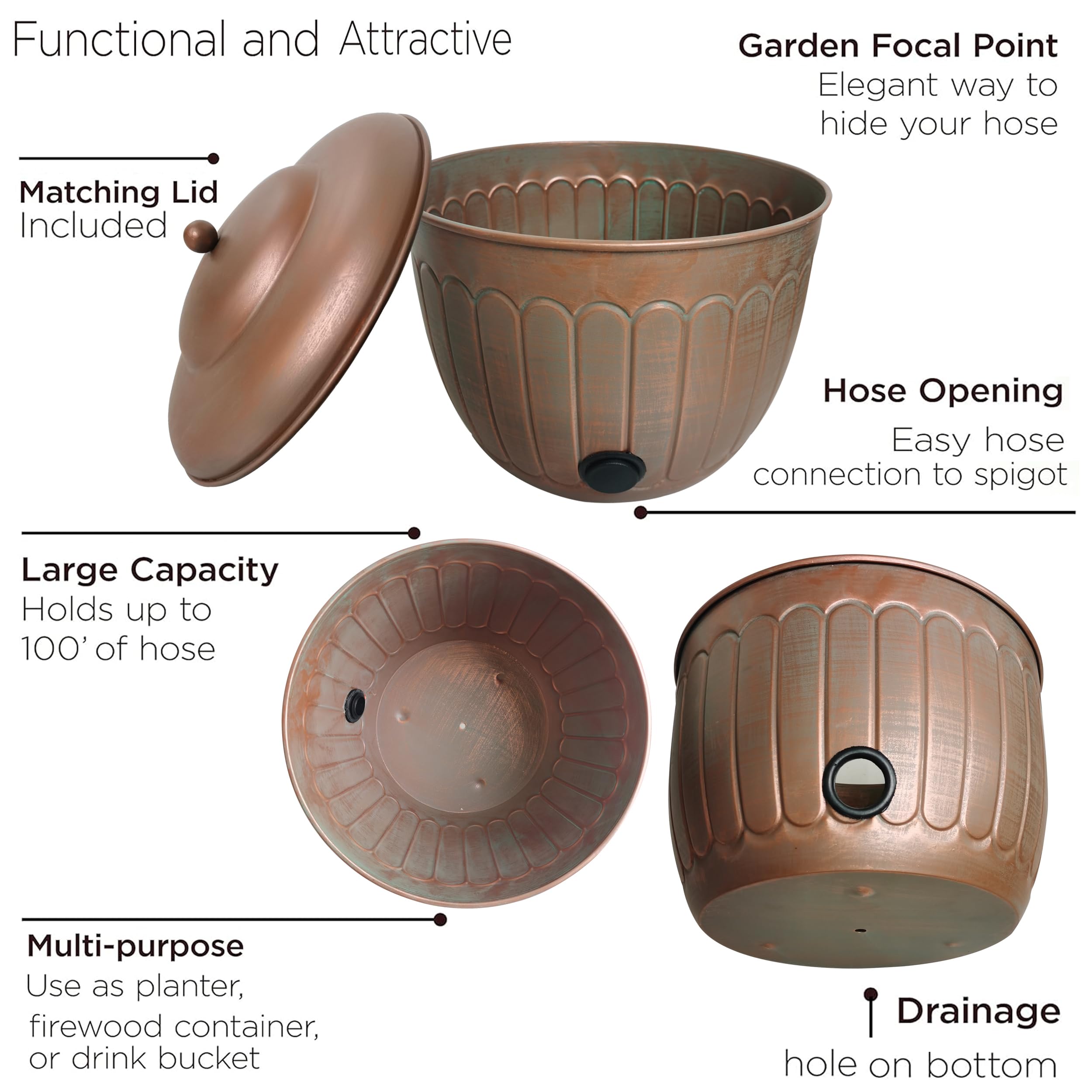 BSTGIFTS pot beside coiled hose showing it fits up to 100ft for easy storage