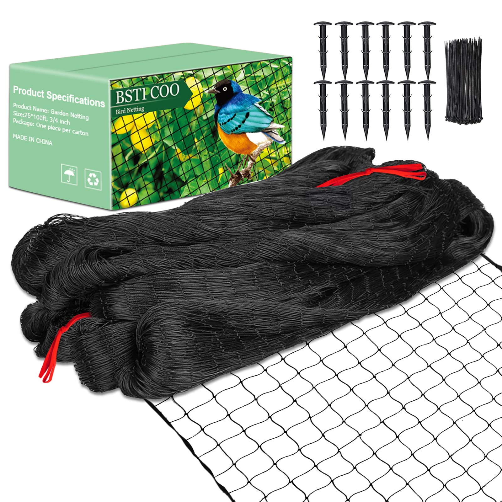 BSTPCOO front view of packaged 25x100 bird netting showing durable roll and branding, protects crops