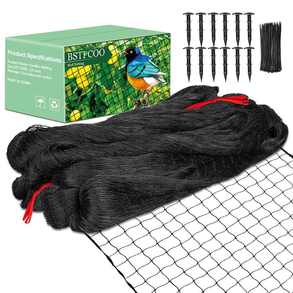 BSTPCOO front view of packaged 25x100 bird netting showing durable roll and branding, protects crops