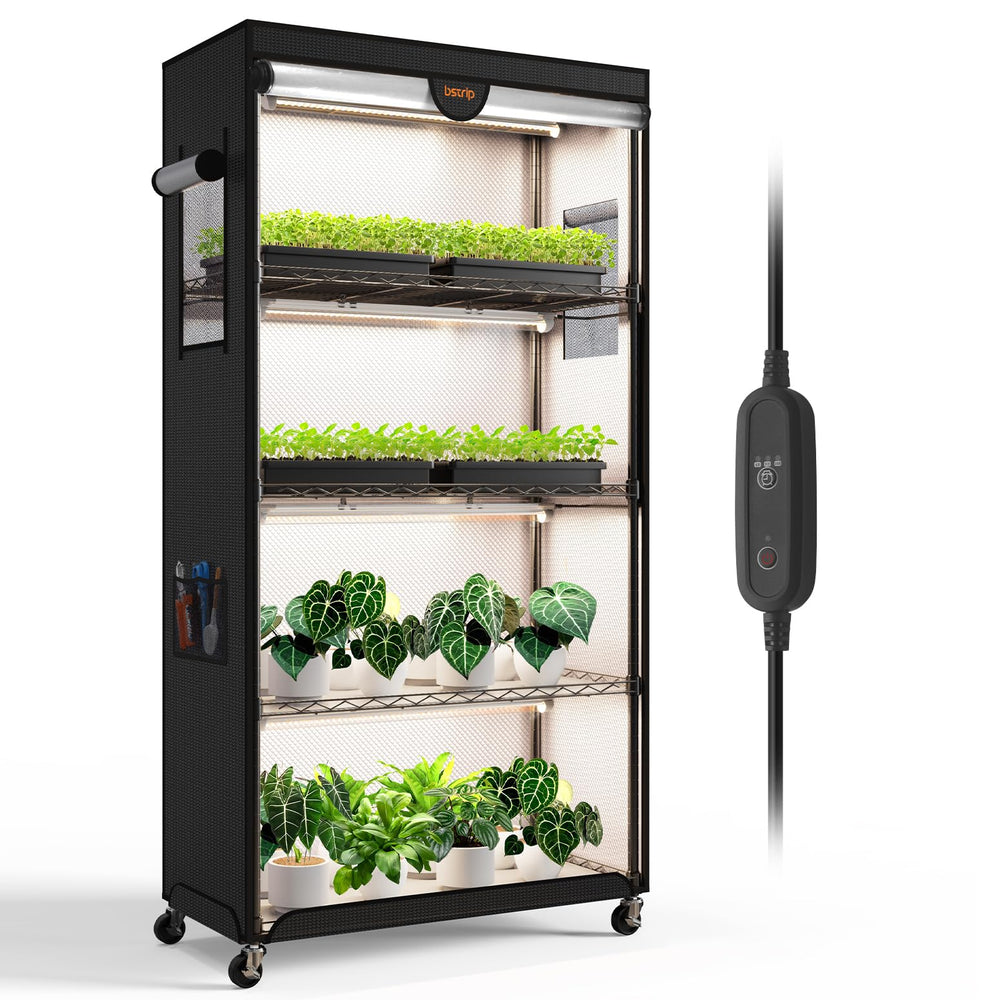 Bstrip front view of closed indoor greenhouse cabinet showing compact footprint and neat storage benefit