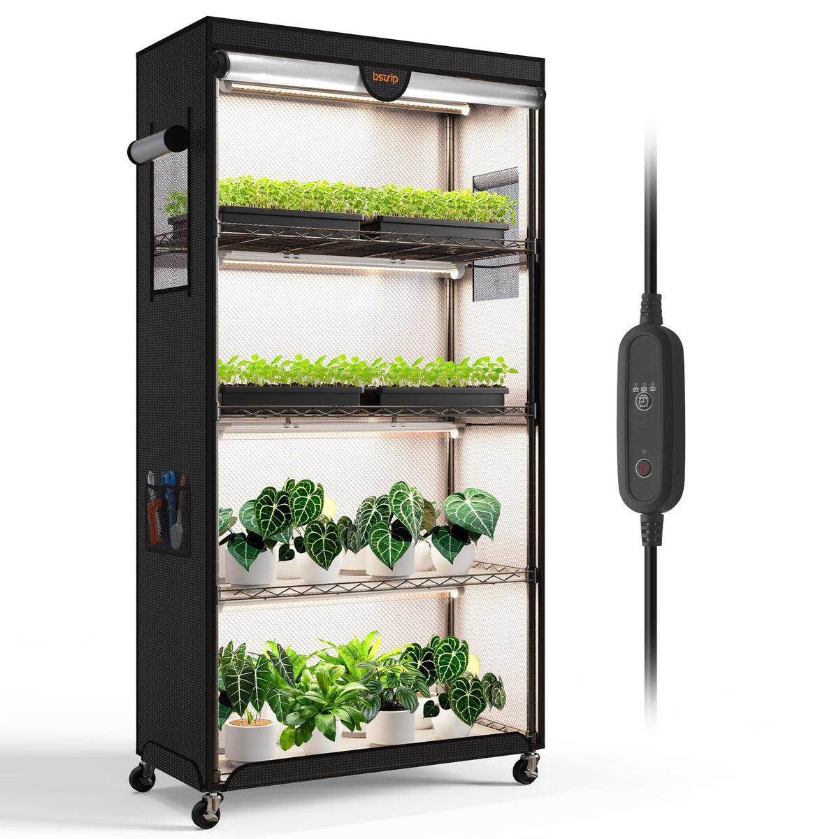 Bstrip front view of closed indoor greenhouse cabinet showing compact footprint and neat storage benefit