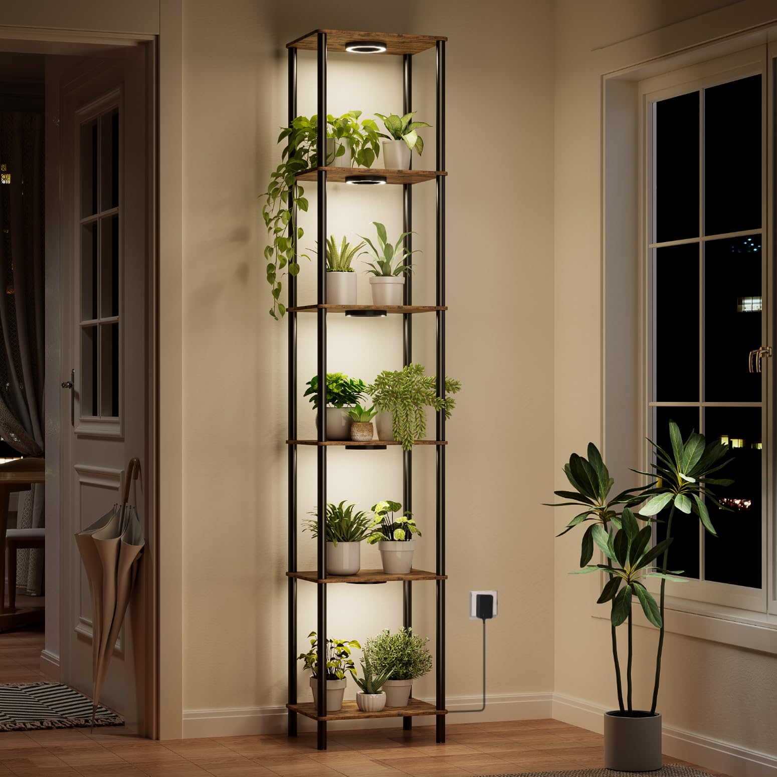 Bstrip full front view of tall plant stand showing vertical display and space-saving benefit