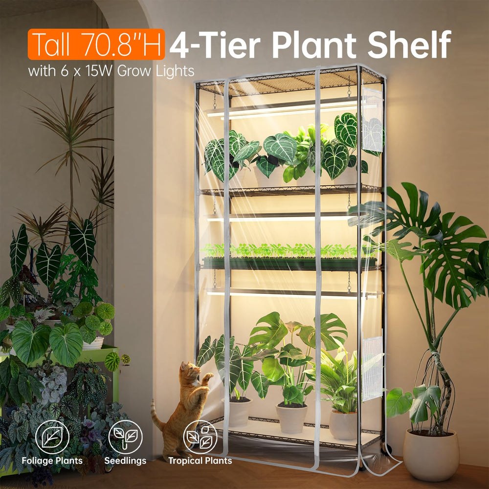 Bstrip top-down shelves loaded with seedlings and pots, efficient space use benefit