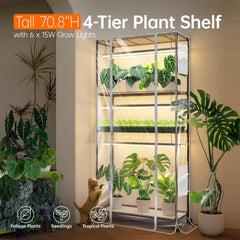 Bstrip top-down shelves loaded with seedlings and pots, efficient space use benefit