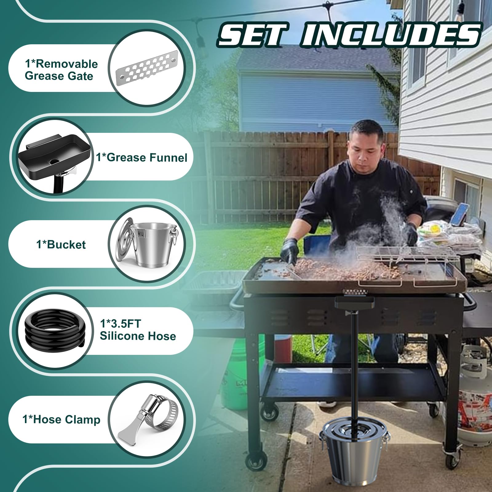 BSTTEK kit installed on a Blackstone griddle routing grease into bucket safely