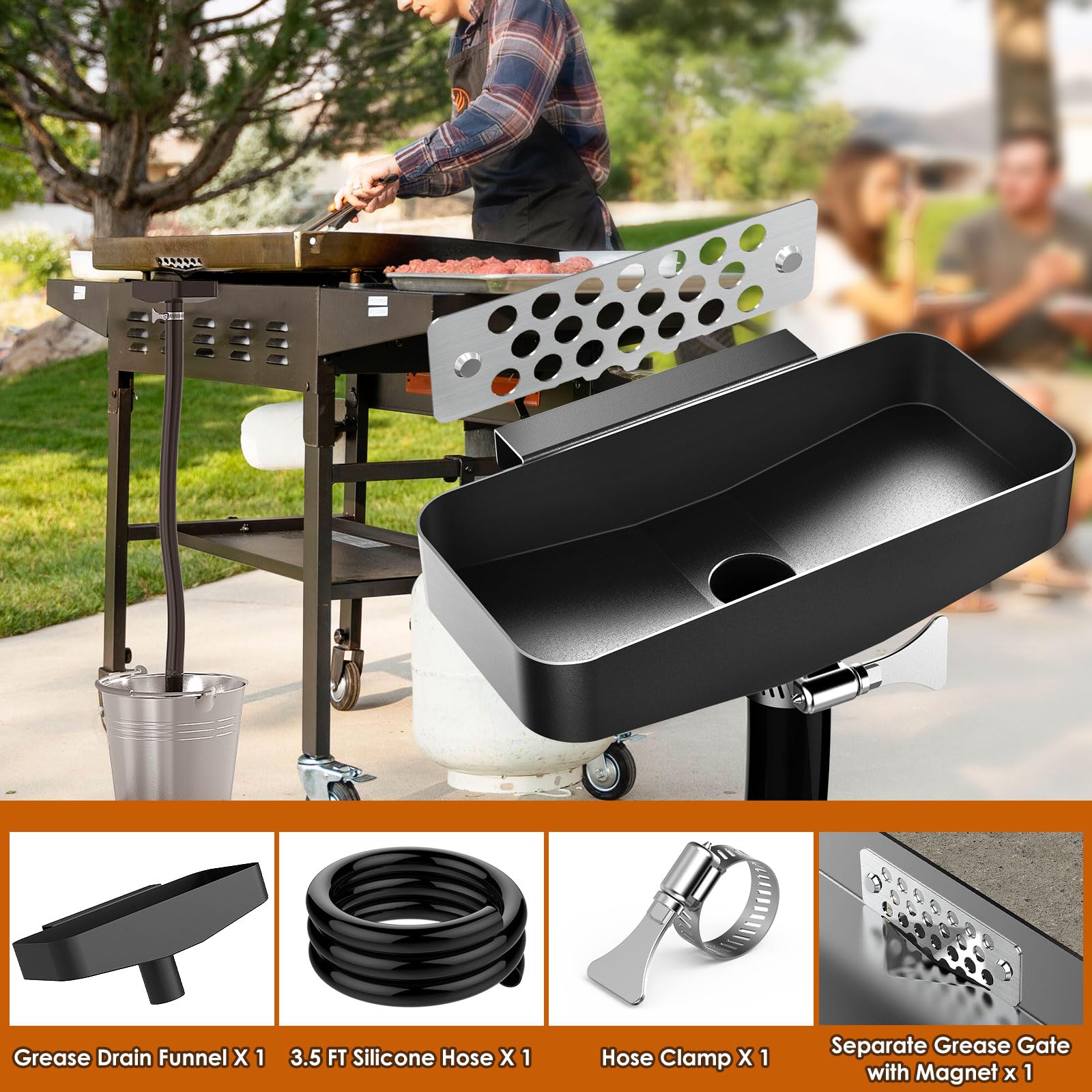 BSTTEK size comparison showing funnel alongside standard metal bucket for capacity clarity
