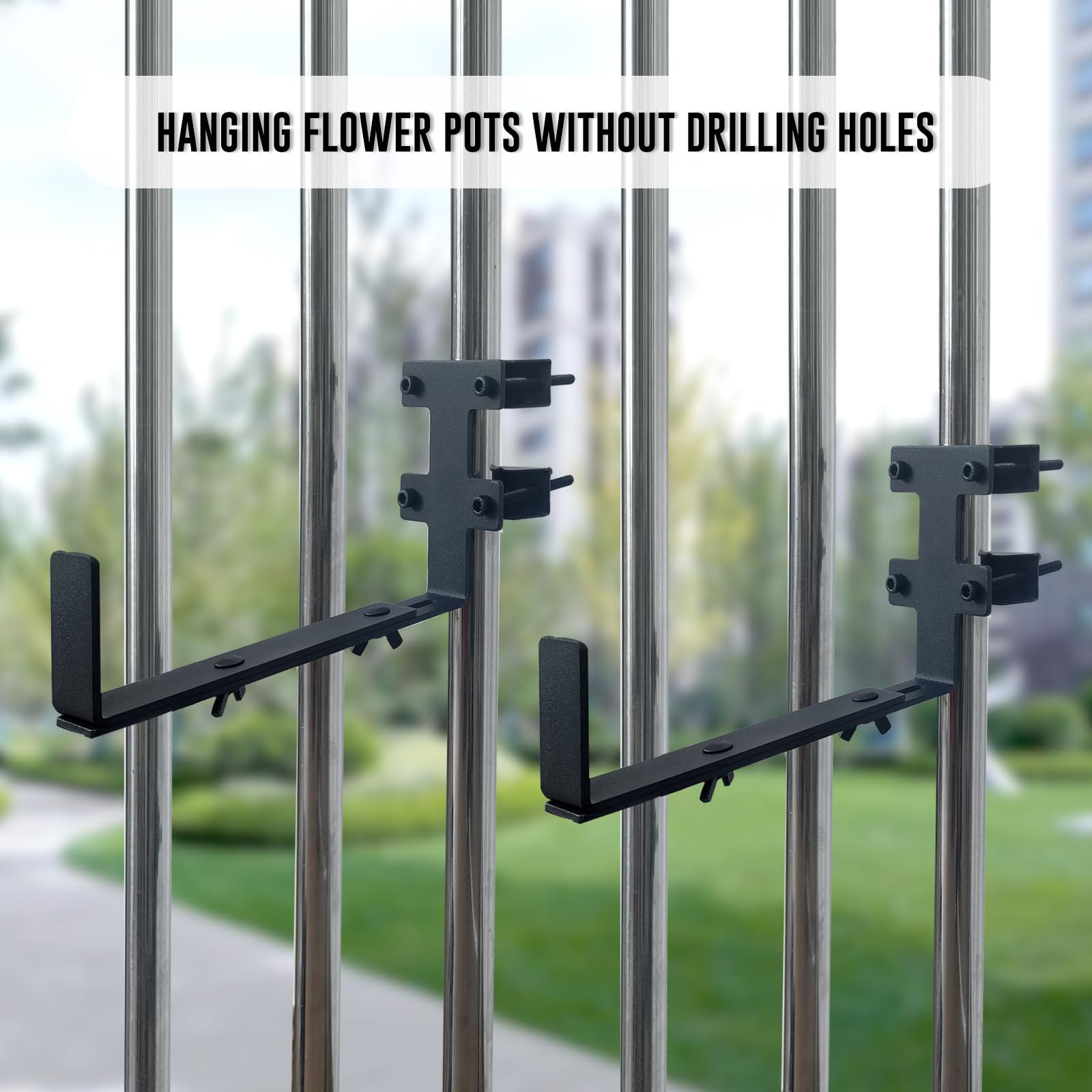 BSWAN bracket clamped to a square railing with planter, adaptable fit for different railing shapes