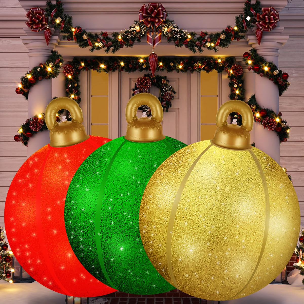 Btanadi front view of three glitter ornament balls showing festive curb appeal