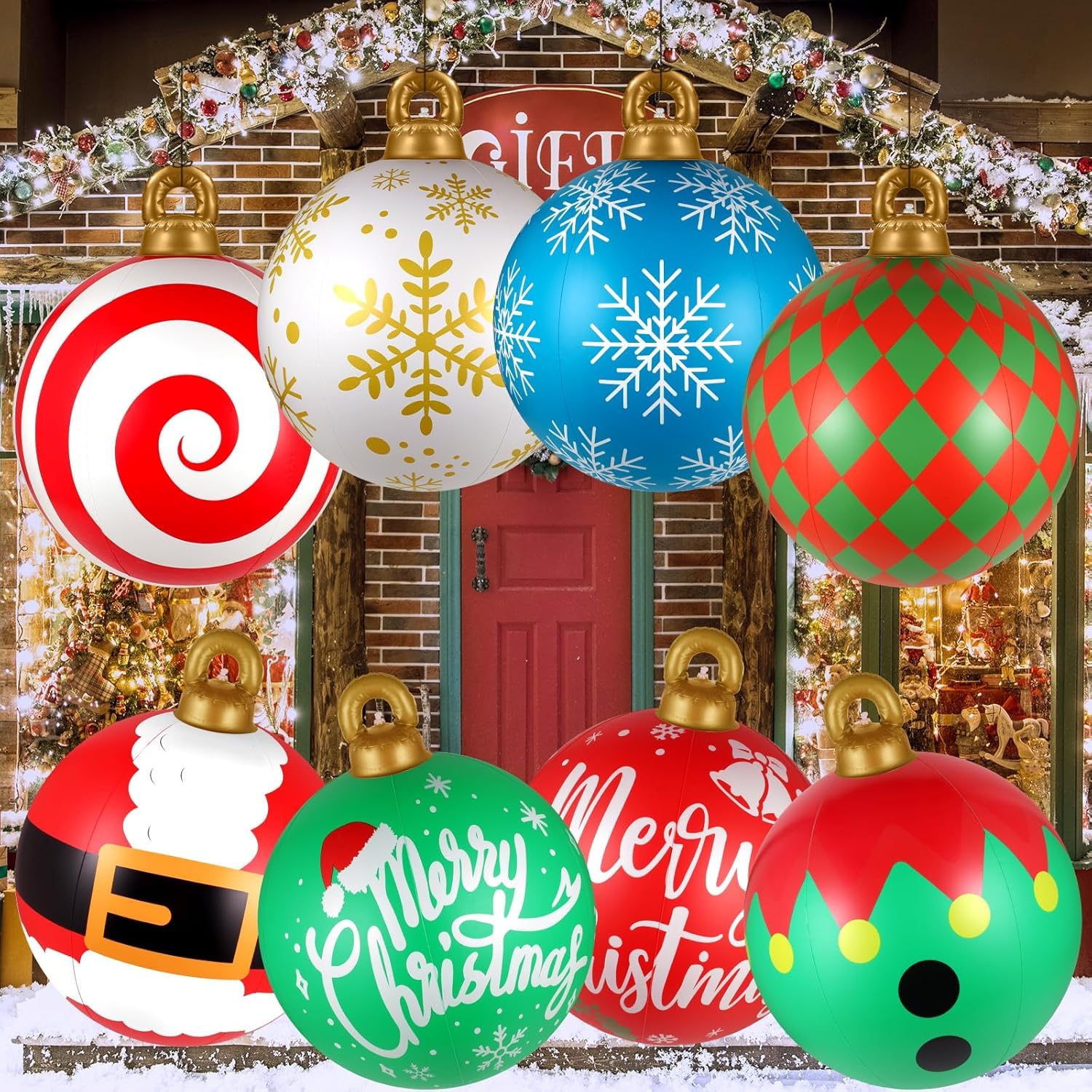 Btanadi front view of 8-pack inflatable ornament balls showing colorful designs and packaging benefit