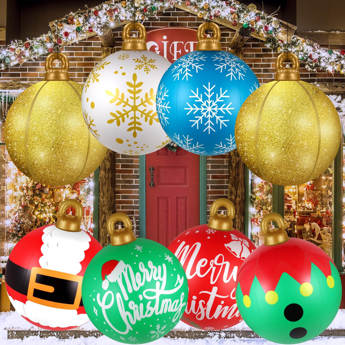 Btanadi front view of eight 24-inch inflatable ornament balls, bold curb appeal