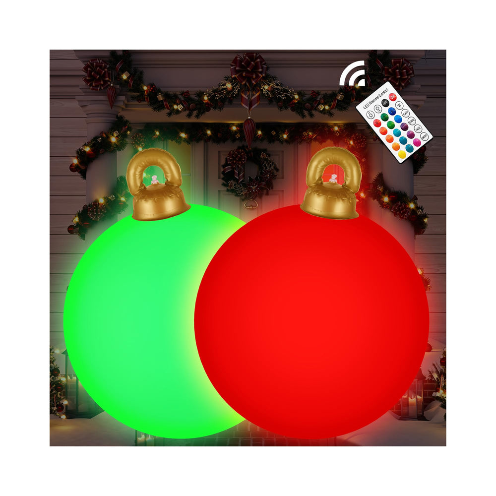 Btanadi front view of two flashing inflatable ornament balls showing festive brightness