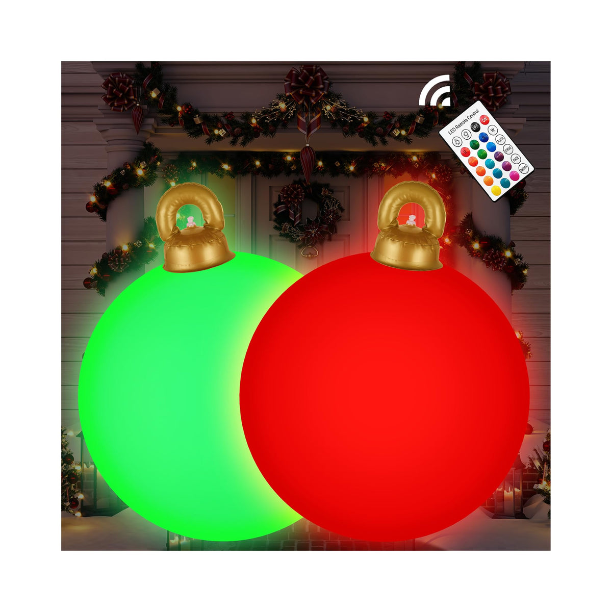 Btanadi front view of two flashing inflatable ornament balls showing festive brightness