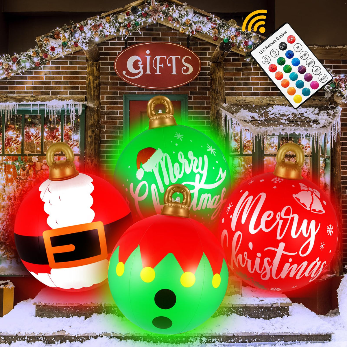 Btanadi front view of three 24-inch ornaments showing bright colors and curb appeal
