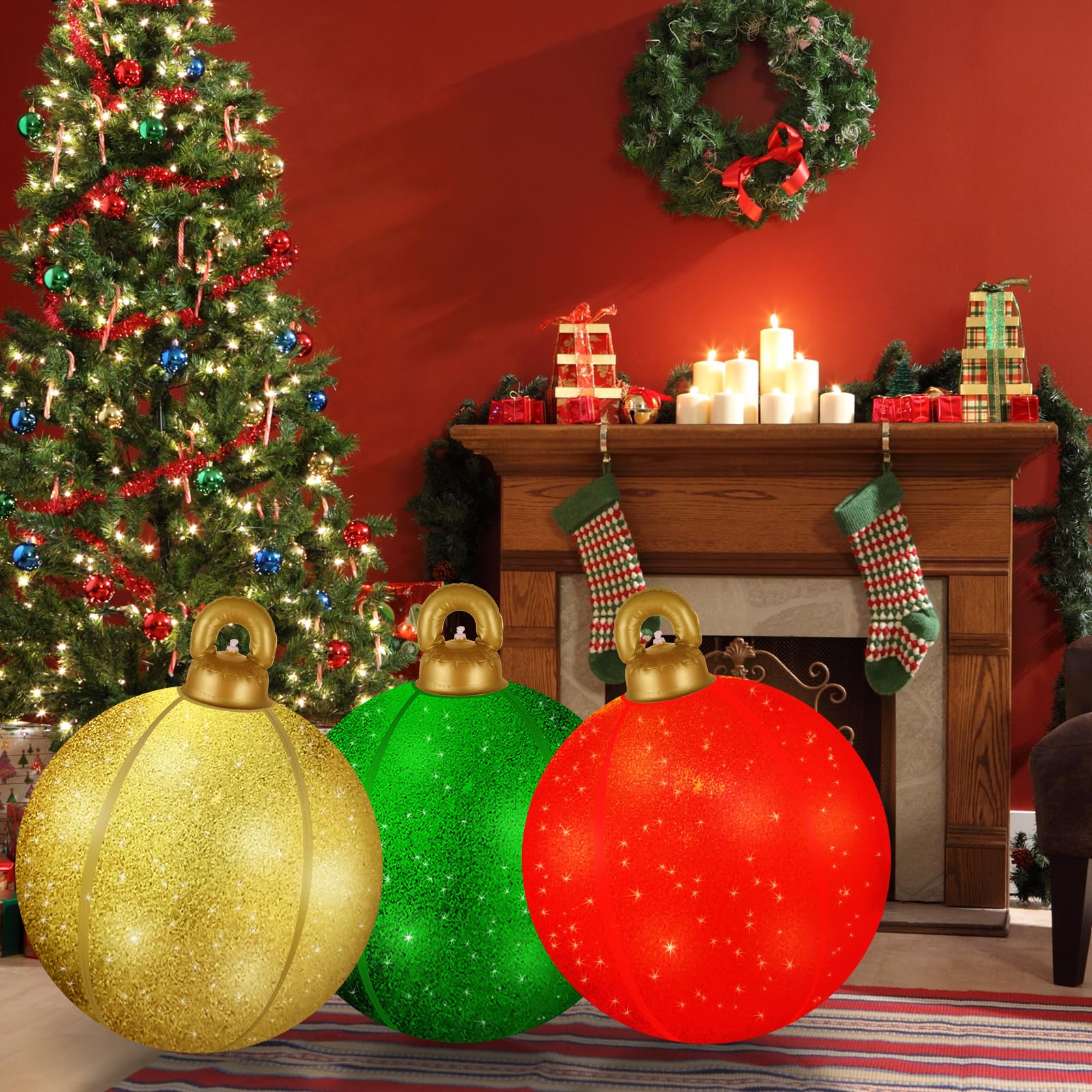 Btanadi inflated ornaments on lawn creating bright outdoor holiday presence