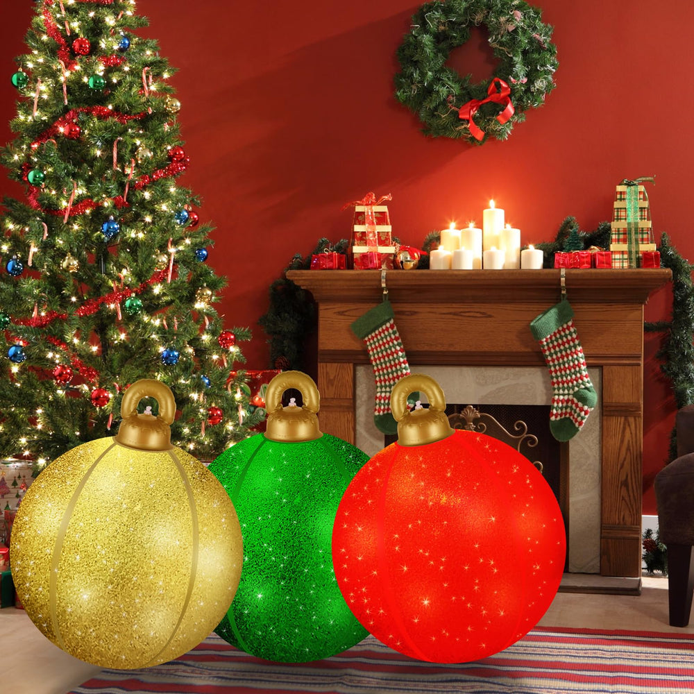 Btanadi inflated ornaments on lawn creating bright outdoor holiday presence