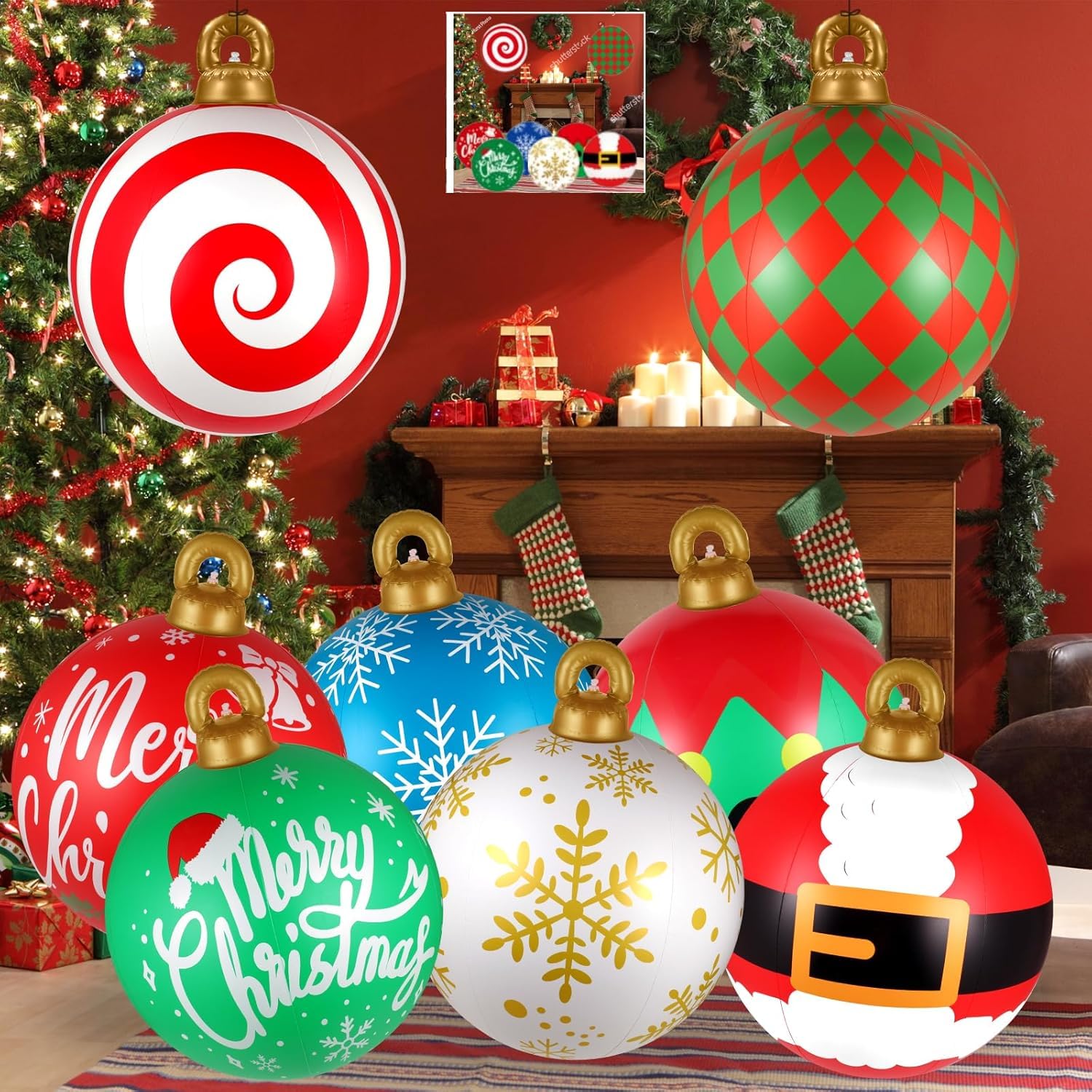Btanadi inflated ornaments arranged on lawn providing instant curb appeal and festive impact benefit