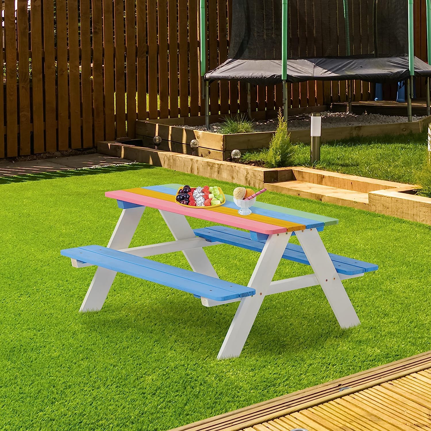 BTExpert picnic table in backyard setting demonstrating outdoor play and easy integration benefit