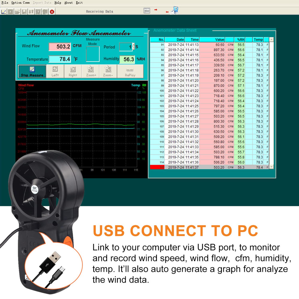 BTMETER 866A connected to laptop via USB for data logging and analysis