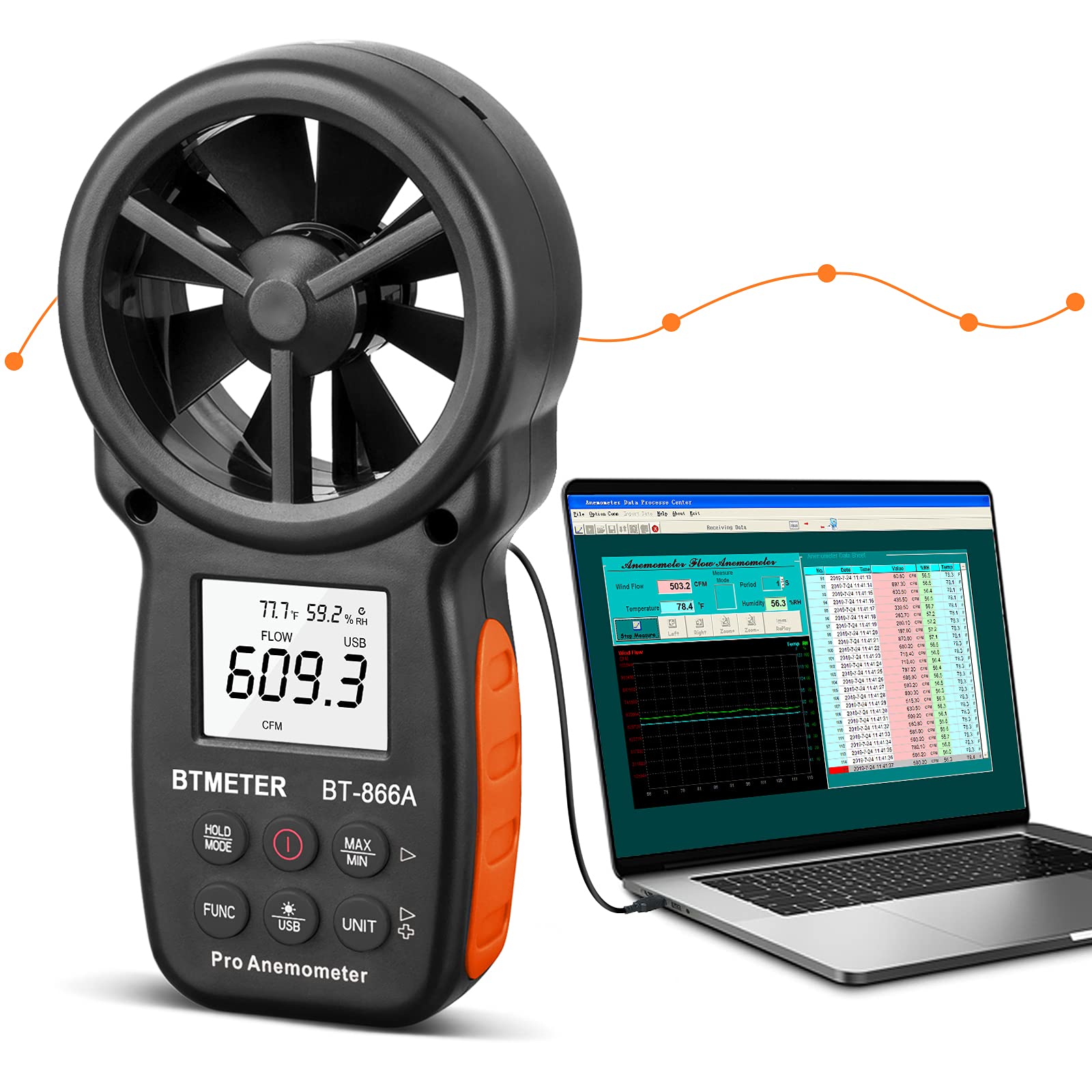 BTMETER 866A front display showing CFM and wind speed for quick readings