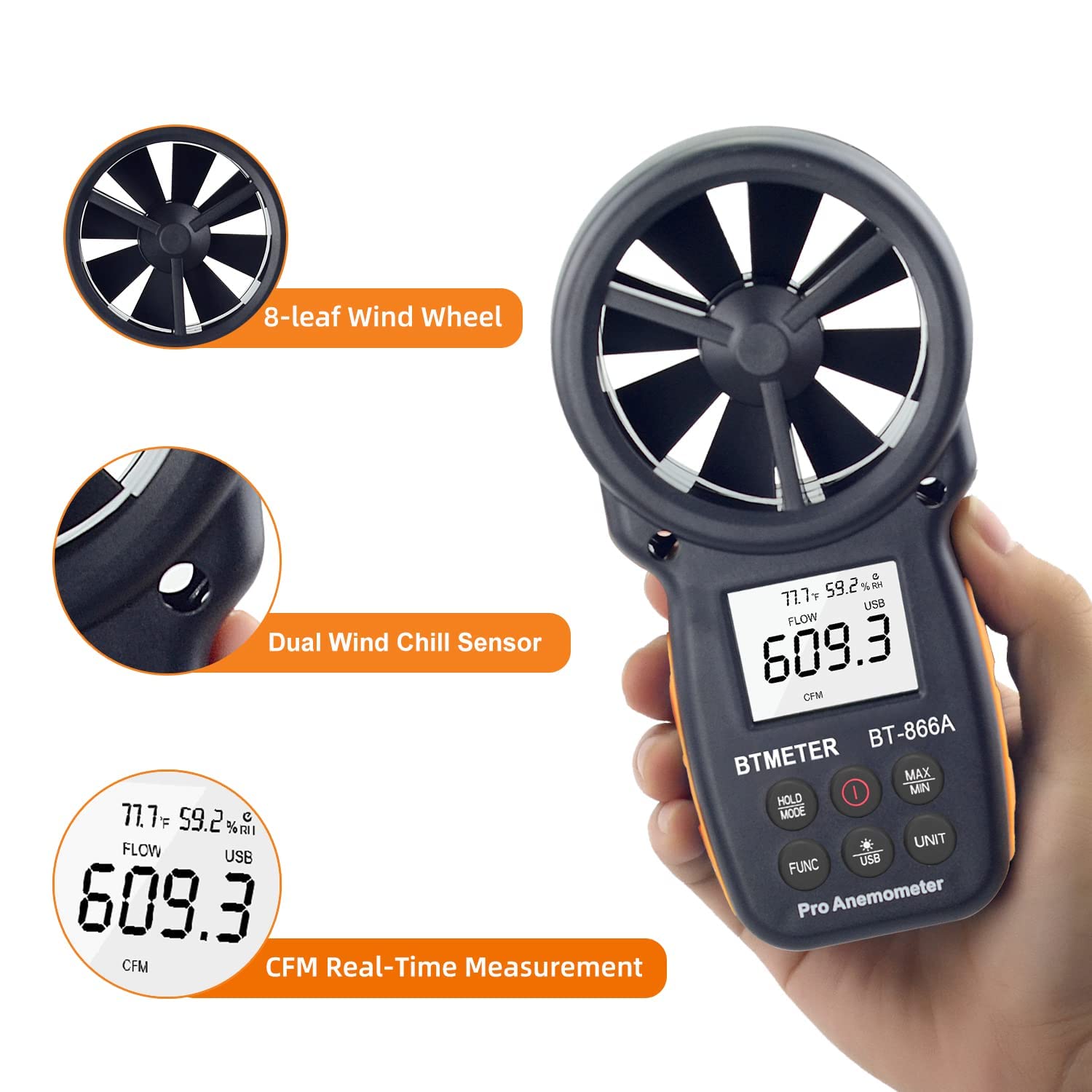 BTMETER 866A mounted on tripod for stable, hands-free airflow measurement