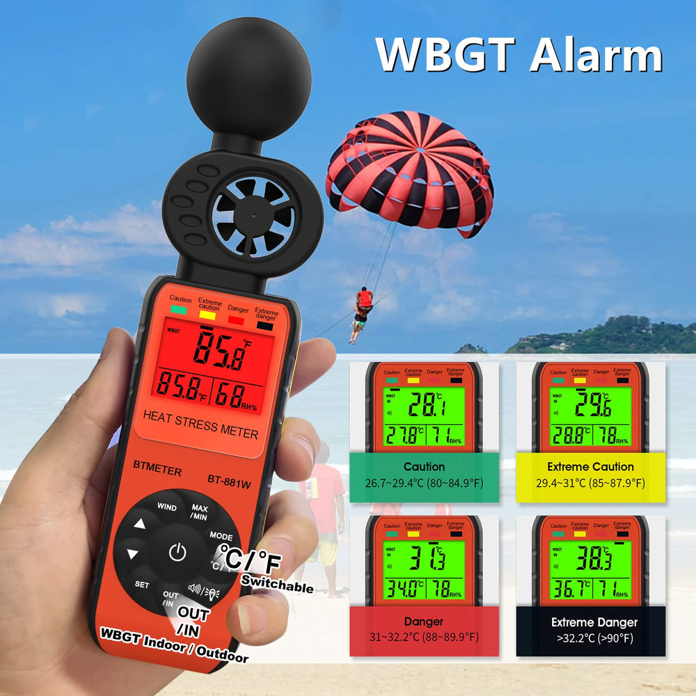 BTMETER handheld in use outdoors measuring wind and WBGT on-site