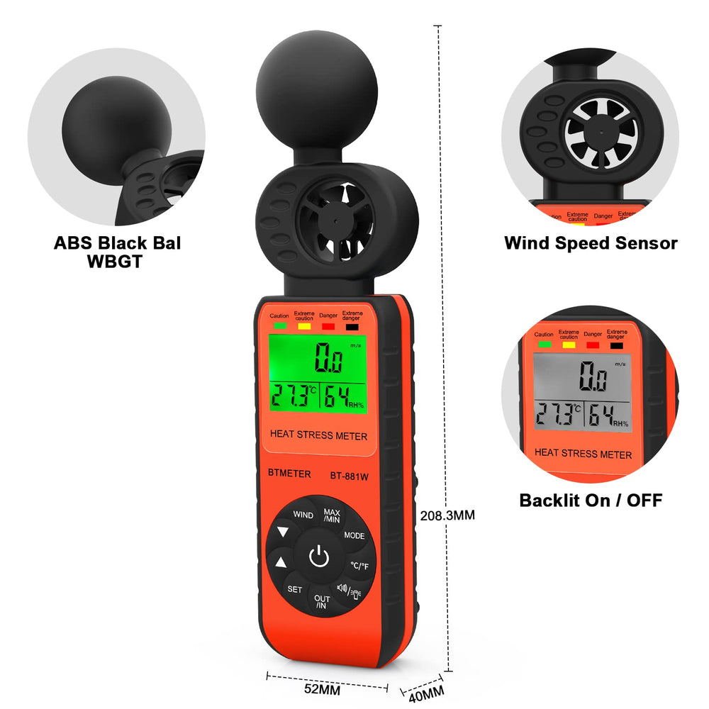 BTMETER screen showing WBGT mode and globe temperature for heat stress checks
