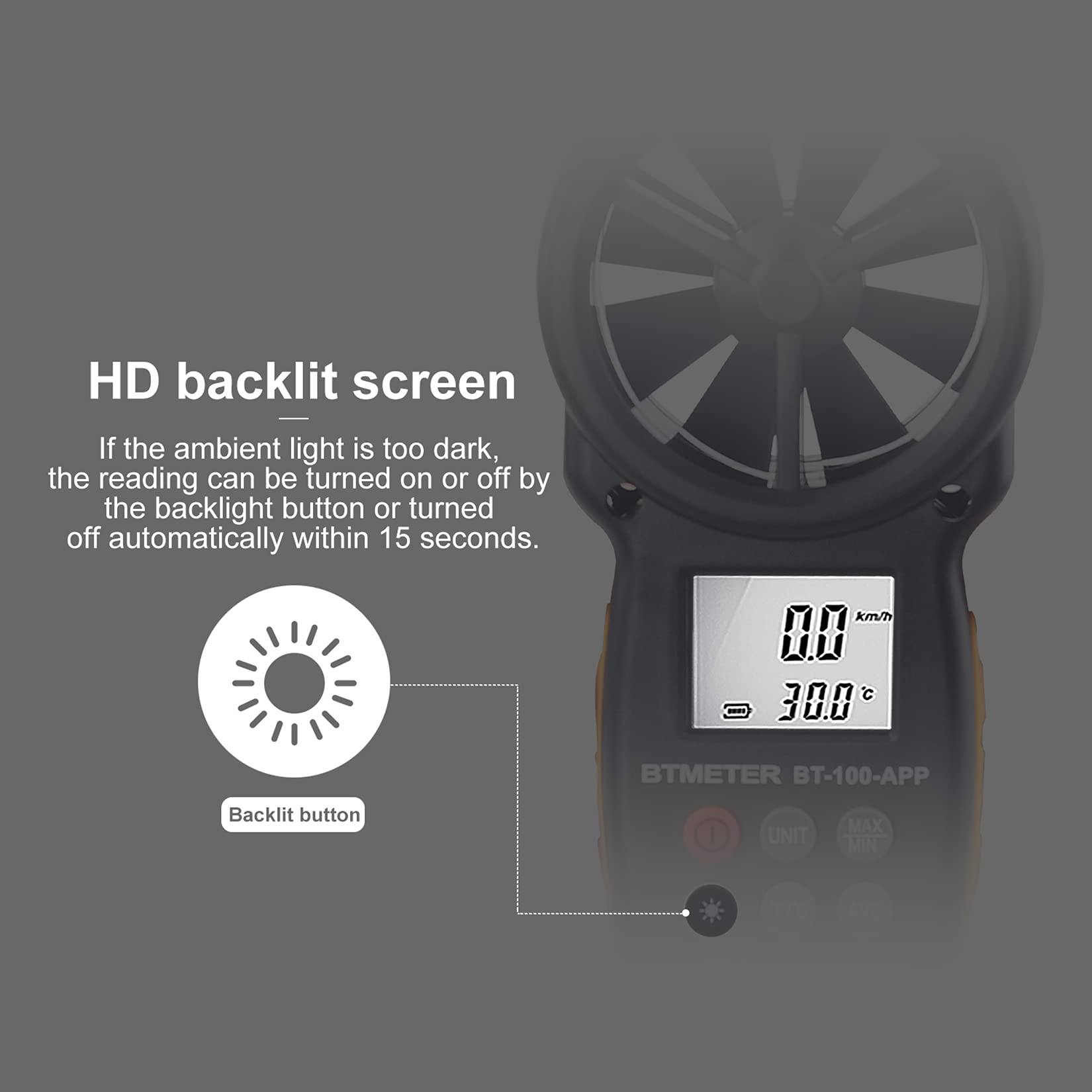 BTMETER side label and ports highlighting tripod thread and control layout