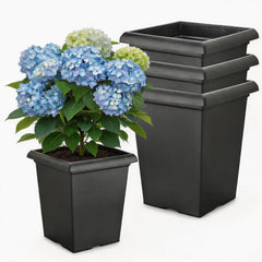BTPLASTIK front view of matte black square planter showing clean lines and space-saving benefit