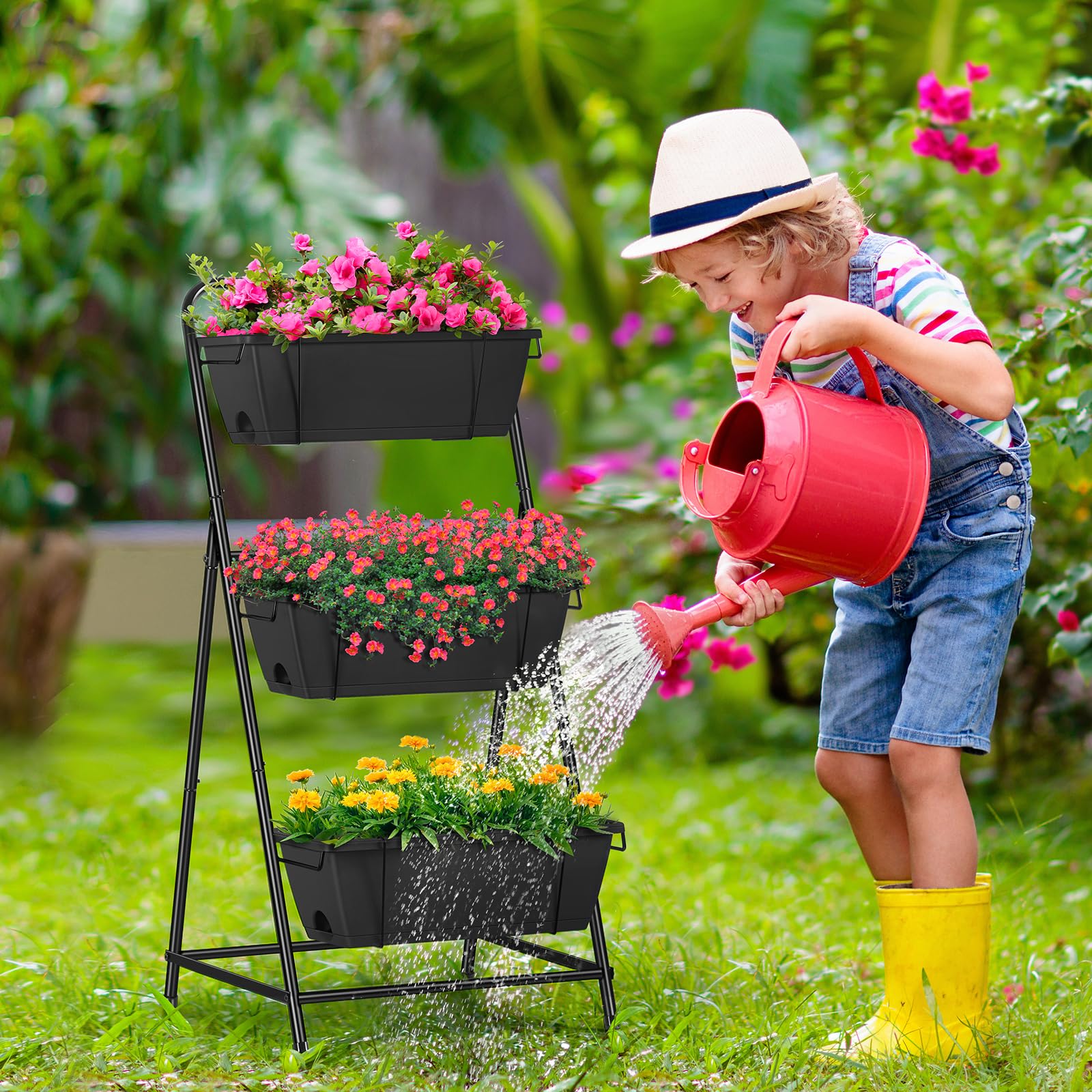 BTY scale image with person showing ergonomic height and reduced bending while gardening