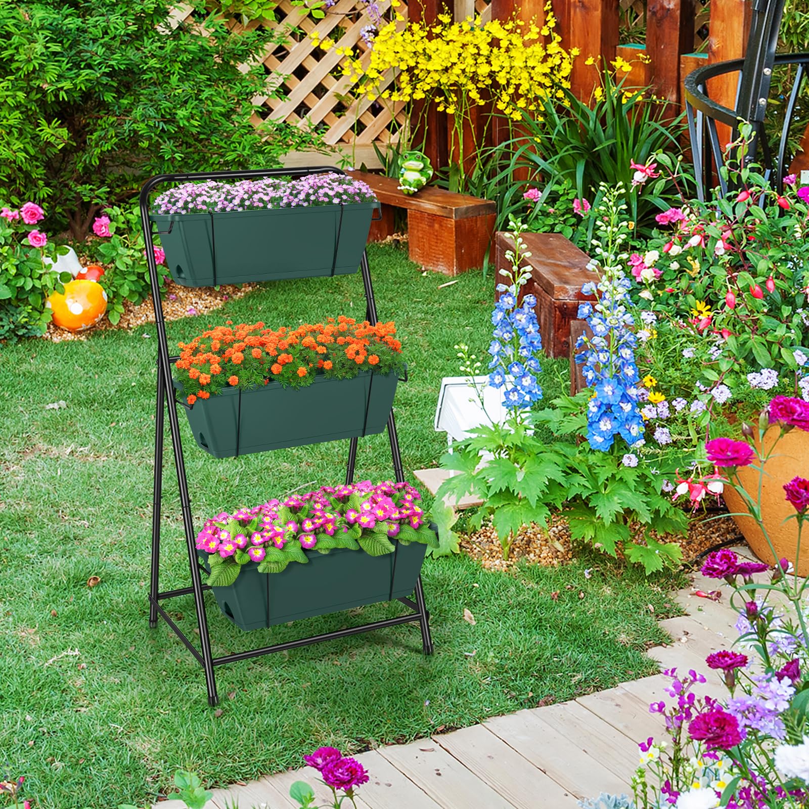 BTY planter in use on a balcony with herbs and flowers illustrating space-saving gardening