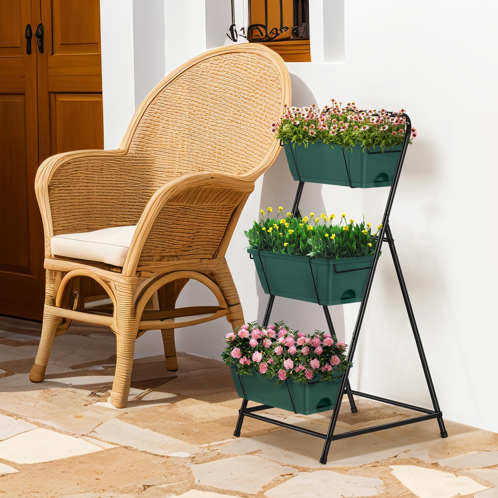 BTY planter next to a chair for size comparison showing scale and how it fits small spaces