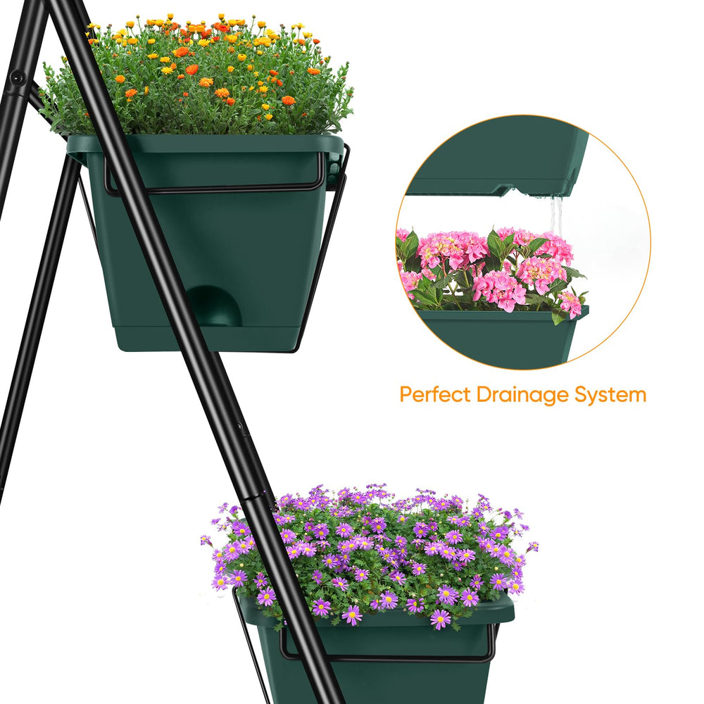 BTY triangular base support under planter showing stable construction for windy outdoor use