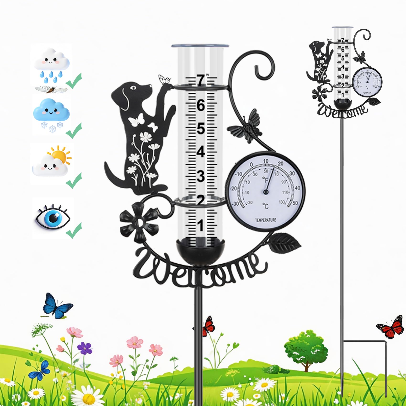 BUARO8AGA front view showing full rain gauge and puppy design for garden charm